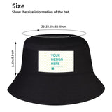 Black bucket hat with customizable design area, size details and dimensions, perfect for fishing, hiking, and travel.