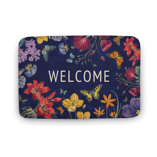 Coral velvet bath rug with 'WELCOME', butterfly and floral design for bathroom, kitchen, or bedroom.