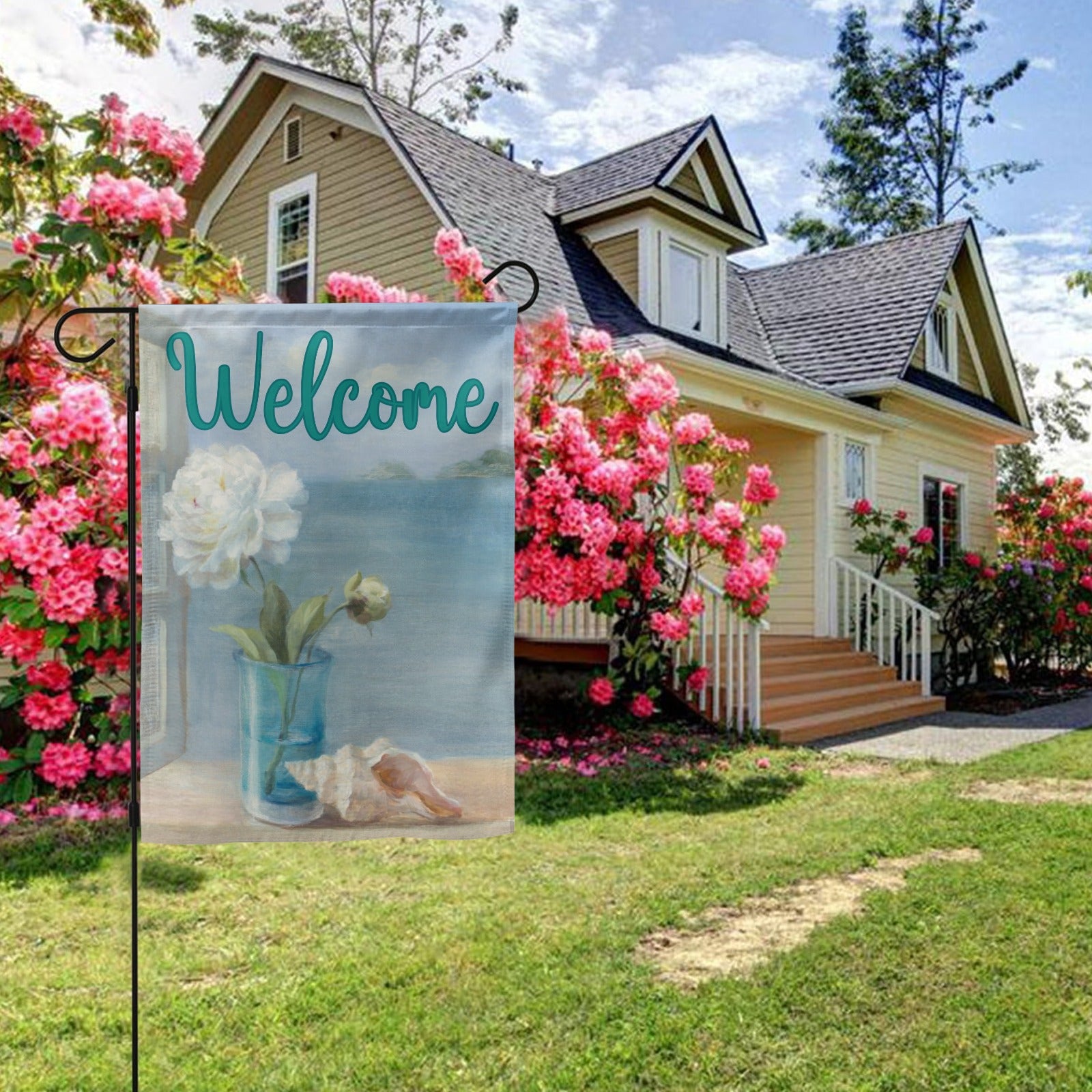 Coastal Floral Welcome Garden Flag with white flower and seashell art, double-sided, for yard decor