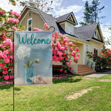 Coastal Floral Welcome Garden Flag with white flower and seashell art, double-sided, for yard decor