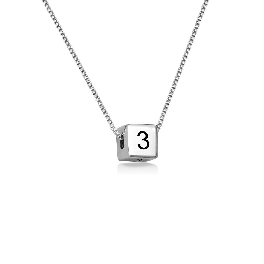 Silver cube pendant necklace with number 3. Personalized custom text chain jewelry for men and women.