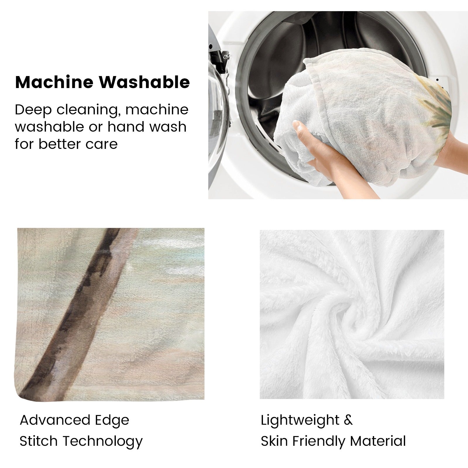 Beach flannel blanket features: machine washable, soft polyester, skin-friendly material, perfect for sofa or bed.