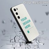 Custom Samsung Galaxy S23 case with personalized design, drop-resistant TPU material, featuring 'YOUR DESIGN HERE' text