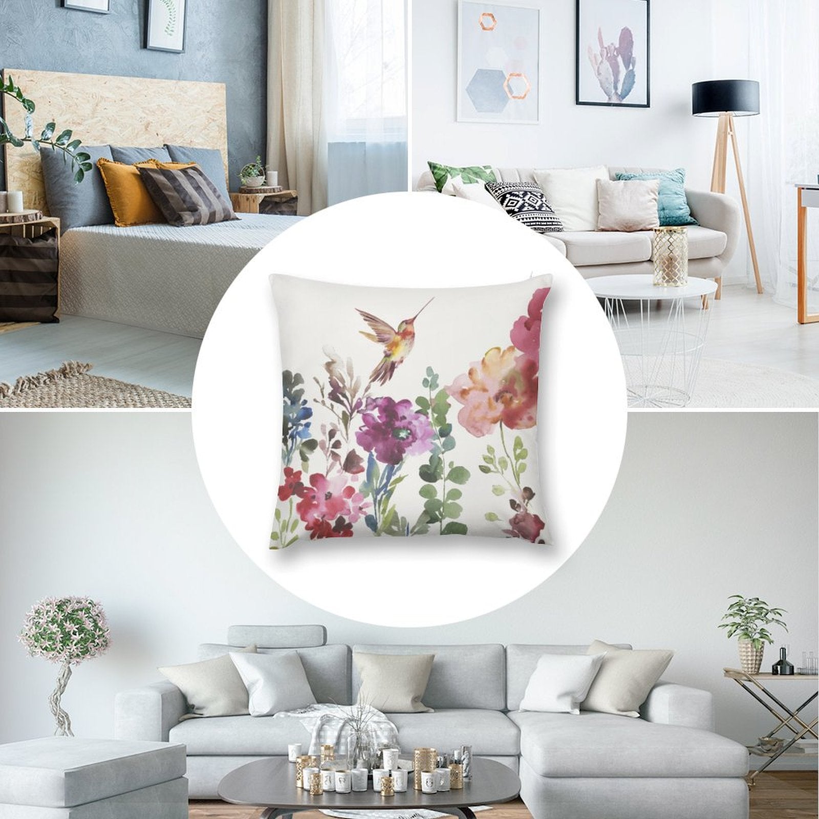 Plush throw pillow cover with watercolor hummingbird and floral design for sofa, MyArtsyGift decorative pillow.