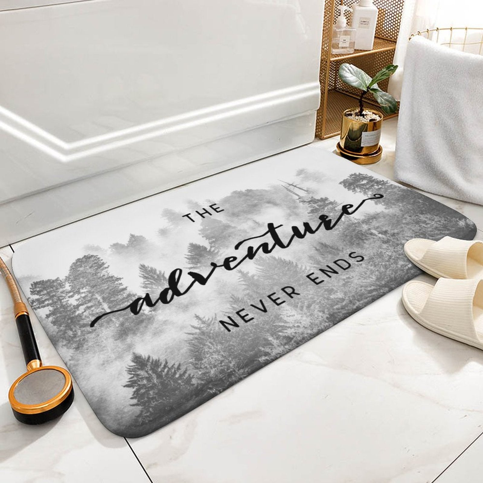 Coral velvet bath rug with "The adventure never ends" text and forest scene for bathroom