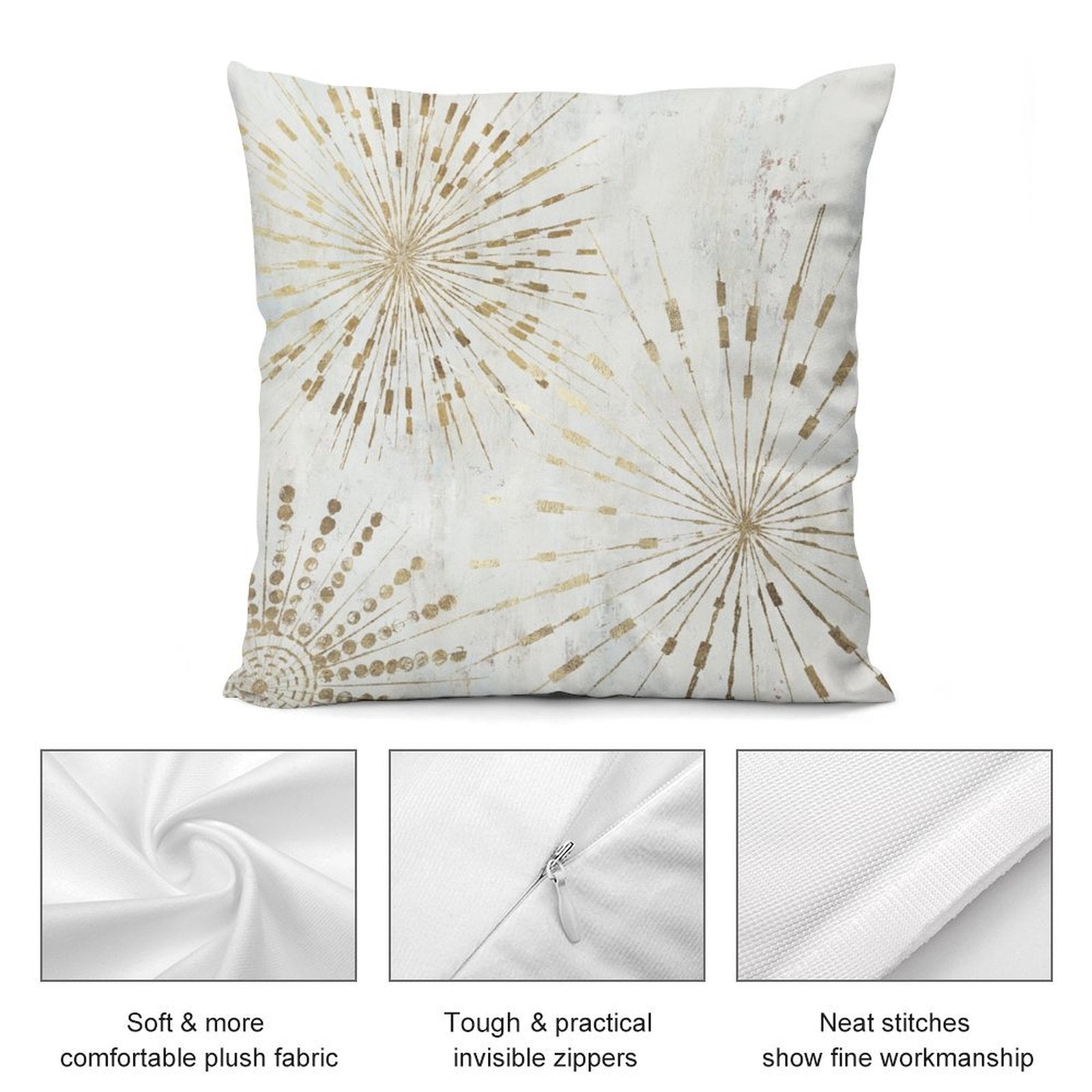 Luxury soft plush pillow cover with golden burst design, featuring soft fabric, invisible zipper, and fine stitching.