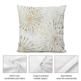 Luxury soft plush pillow cover with golden burst design, featuring soft fabric, invisible zipper, and fine stitching.