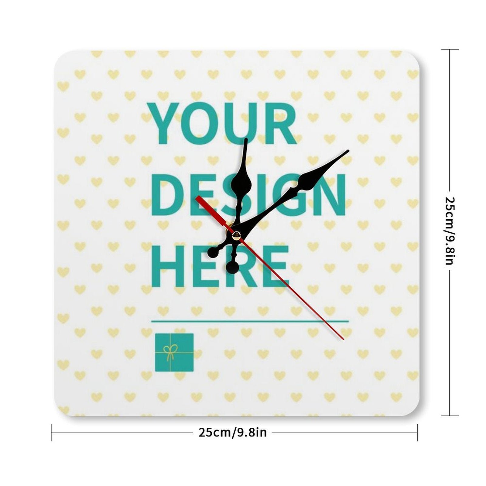 Custom square wall clock with 'Your Design Here' text, perfect for home decor or a personalized gift.