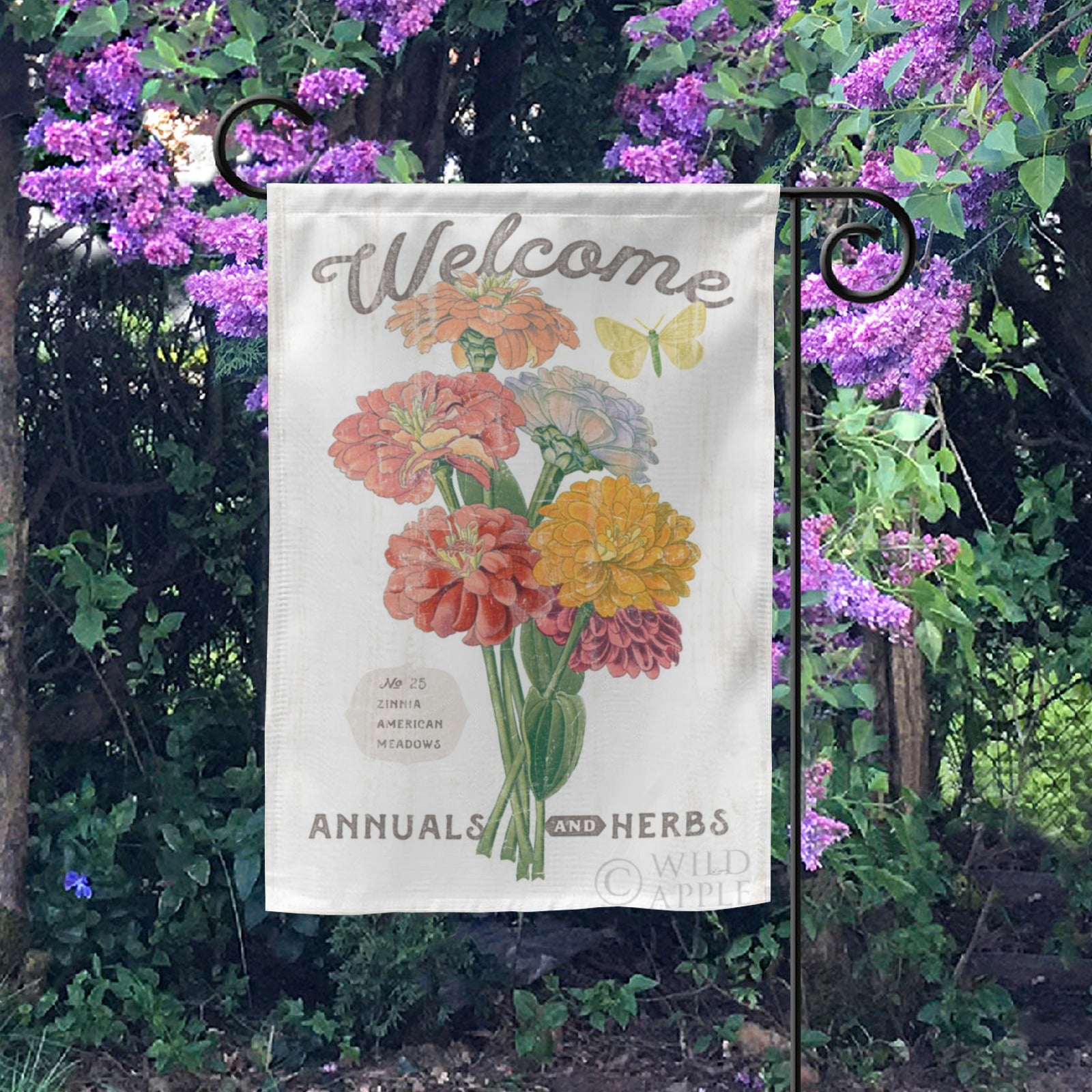 Welcome garden flag with colorful zinnias, farmhouse yard decor, made in USA