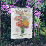 Welcome garden flag with colorful zinnias, farmhouse yard decor, made in USA