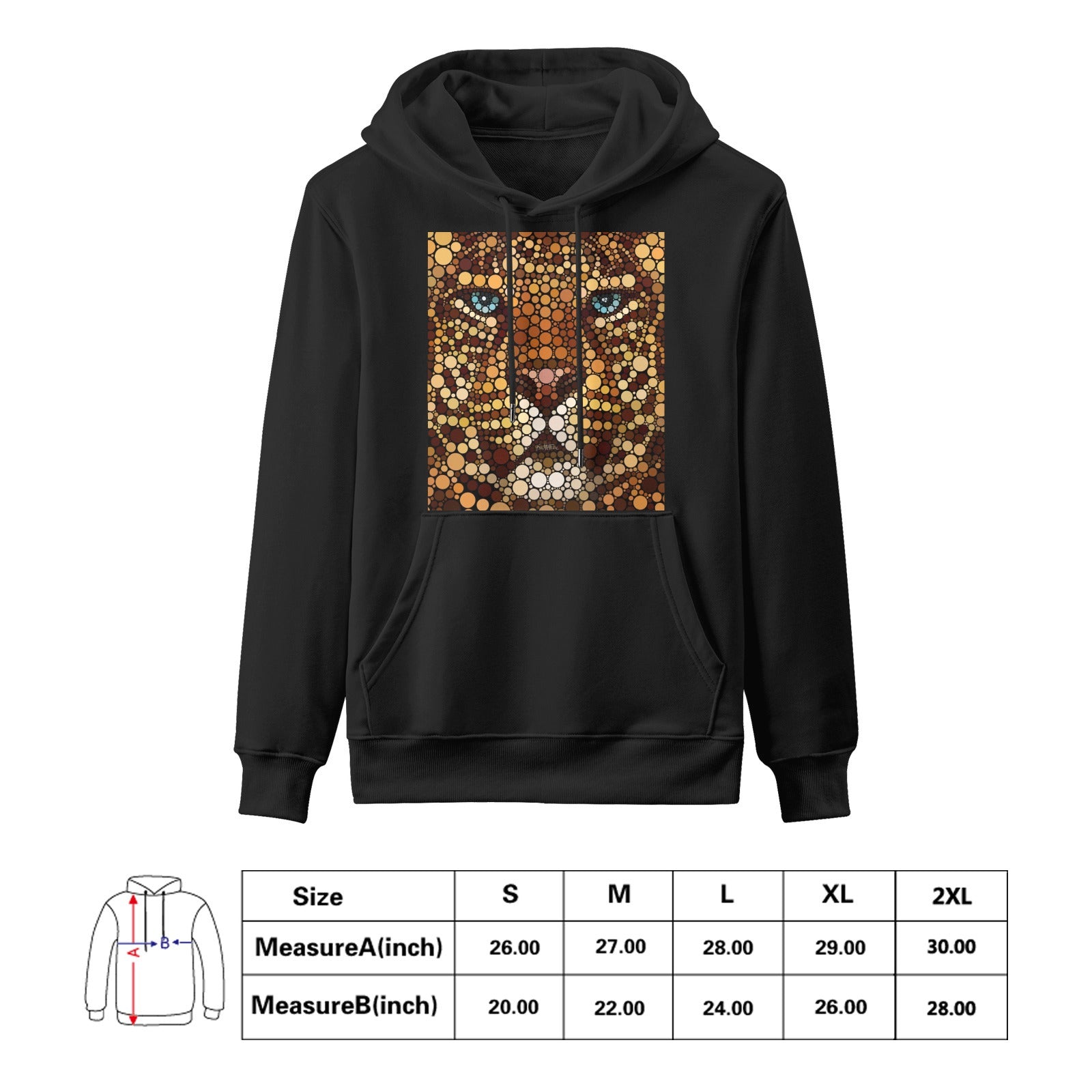 Ben Heine Leopard art print on a black Gildan men's hooded sweatshirt, custom art gifts, with size chart.