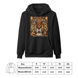 Ben Heine Leopard art print on a black Gildan men's hooded sweatshirt, custom art gifts, with size chart.