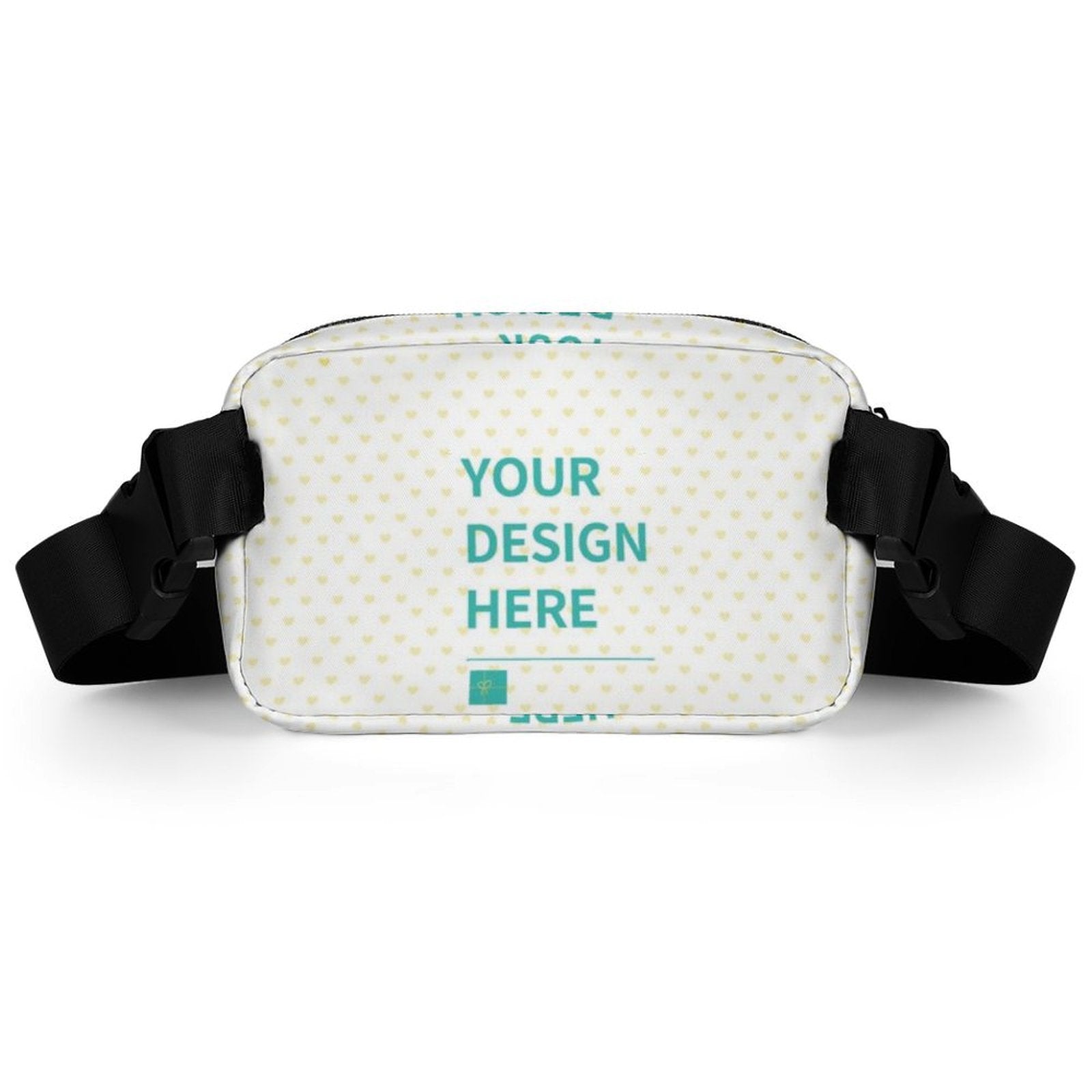 Custom fanny pack with 'YOUR DESIGN HERE', adjustable waist bag for travel, running, cycling, hiking, and sports.