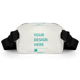 Custom fanny pack with 'YOUR DESIGN HERE', adjustable waist bag for travel, running, cycling, hiking, and sports.