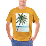Mustard yellow men's graphic t-shirt with palm tree art, made of cotton for comfortable casual wear.
