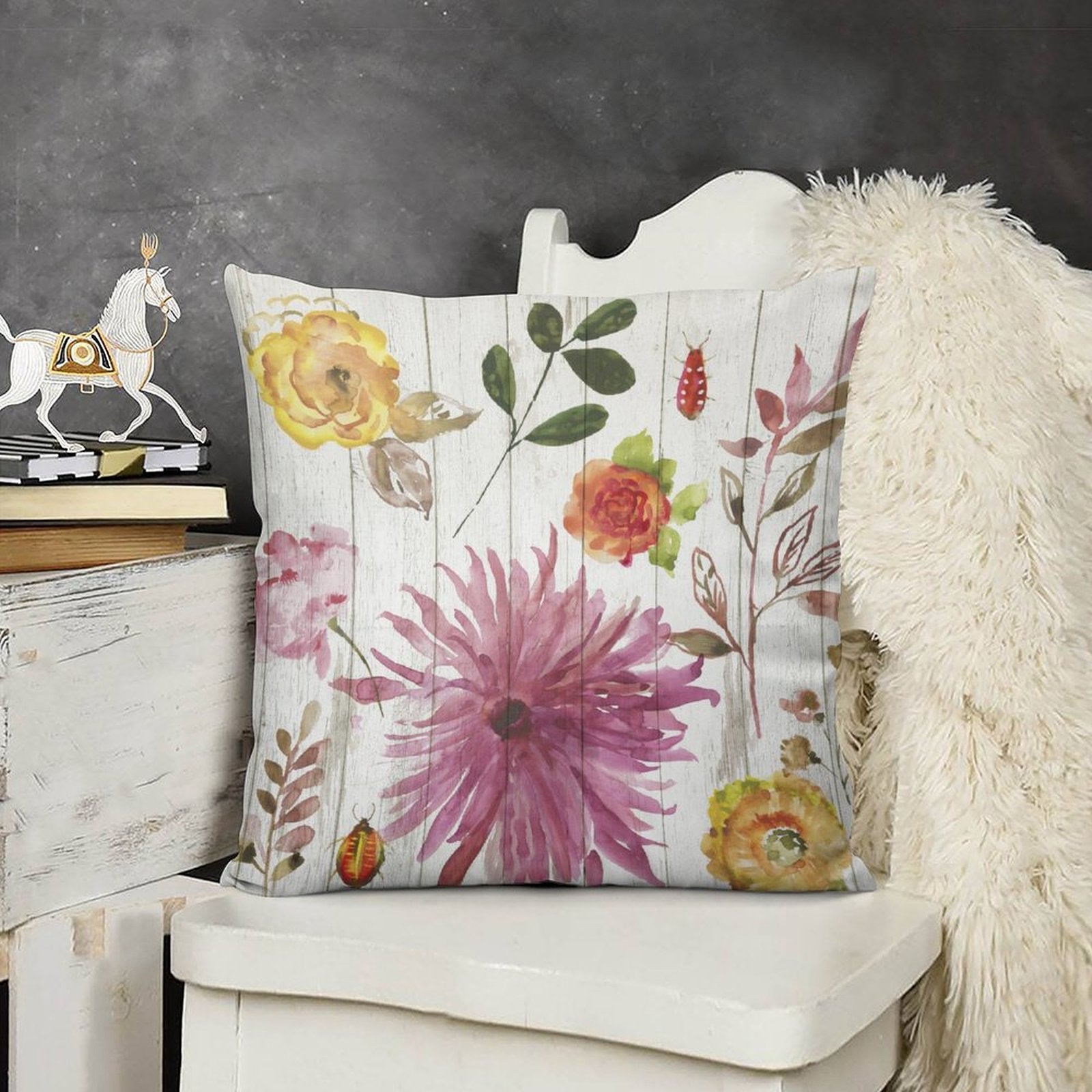 Plush pillow cover with watercolor floral design for sofa, living room. Soft, fluffy and decorative.