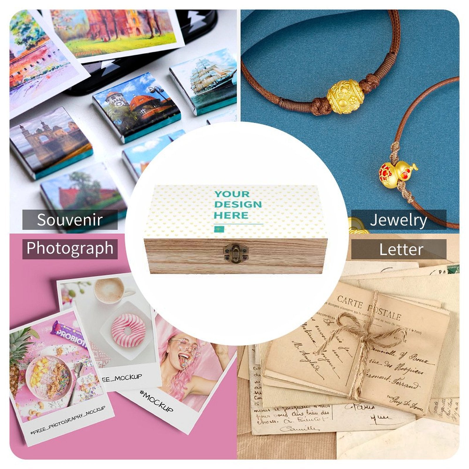 Custom wooden storage box with 'YOUR DESIGN HERE' text, ideal for home decor, vintage style