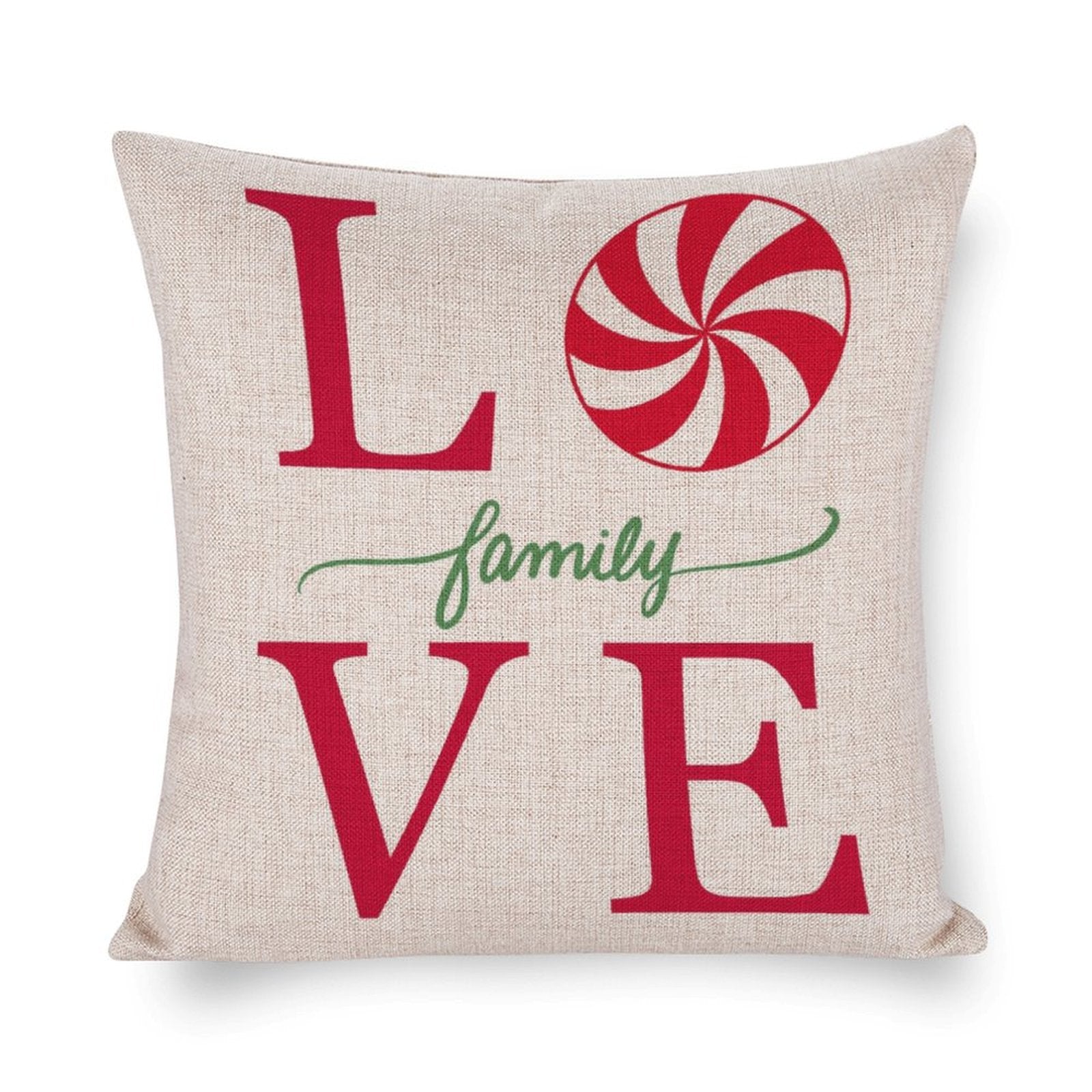 Christmas pillow cover with "LOVE family VE" text, candy cane design. Cotton linen cushion case for home decor.