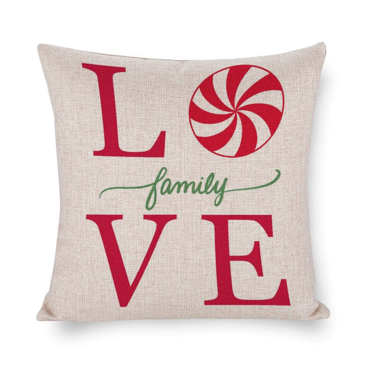 Christmas pillow cover with "LOVE family VE" text, candy cane design. Cotton linen cushion case for home decor.