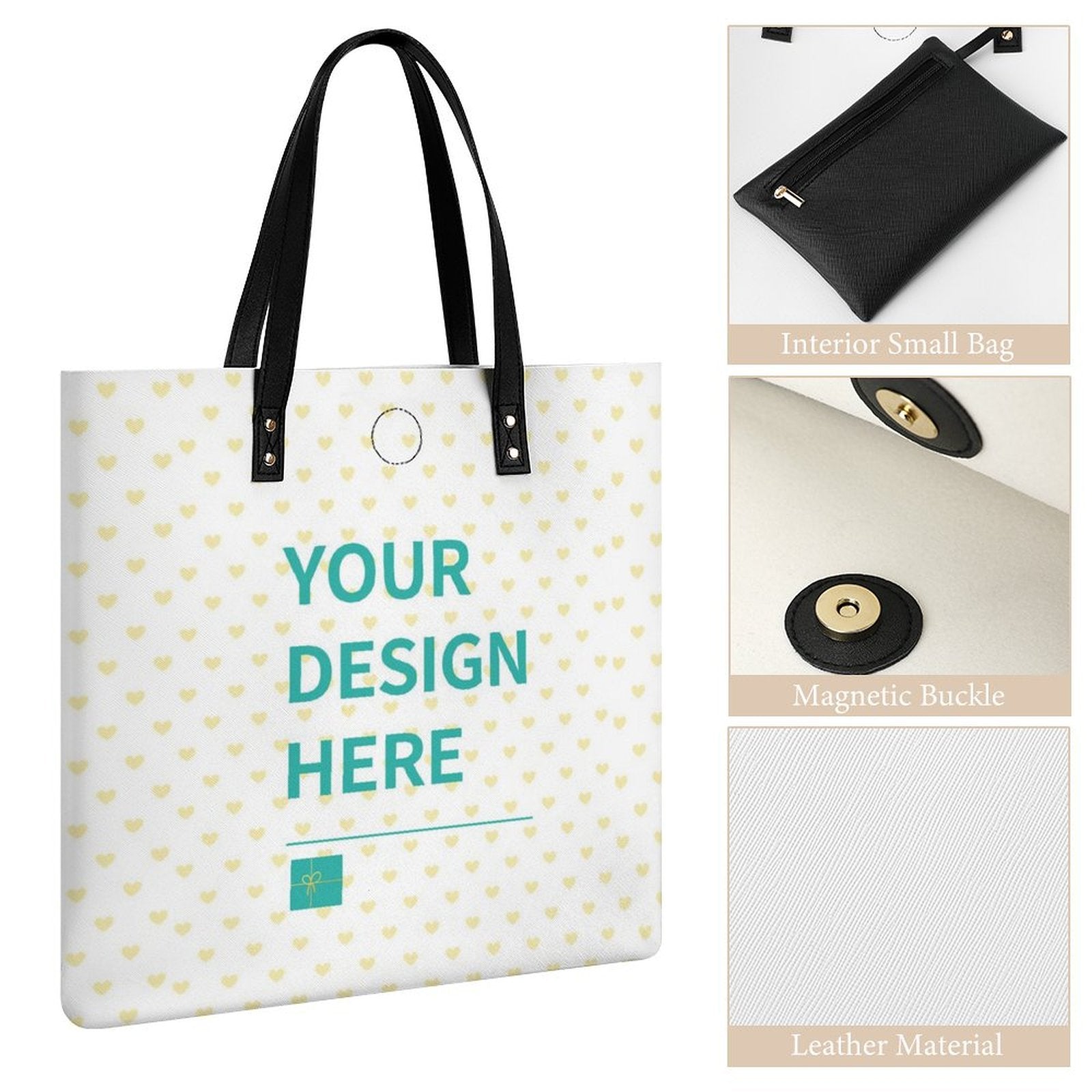 Customizable PU leather tote bag with heart pattern, for shopping and work, with 'YOUR DESIGN HERE' message