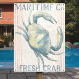 Metal sign with watercolor crab, "Maritime Co. Fresh Crab" text, kitchen decor, wall art