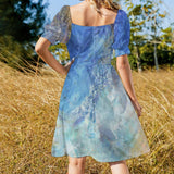 Blue watercolor mini dress, short sleeves, zipper back, perfect summer style