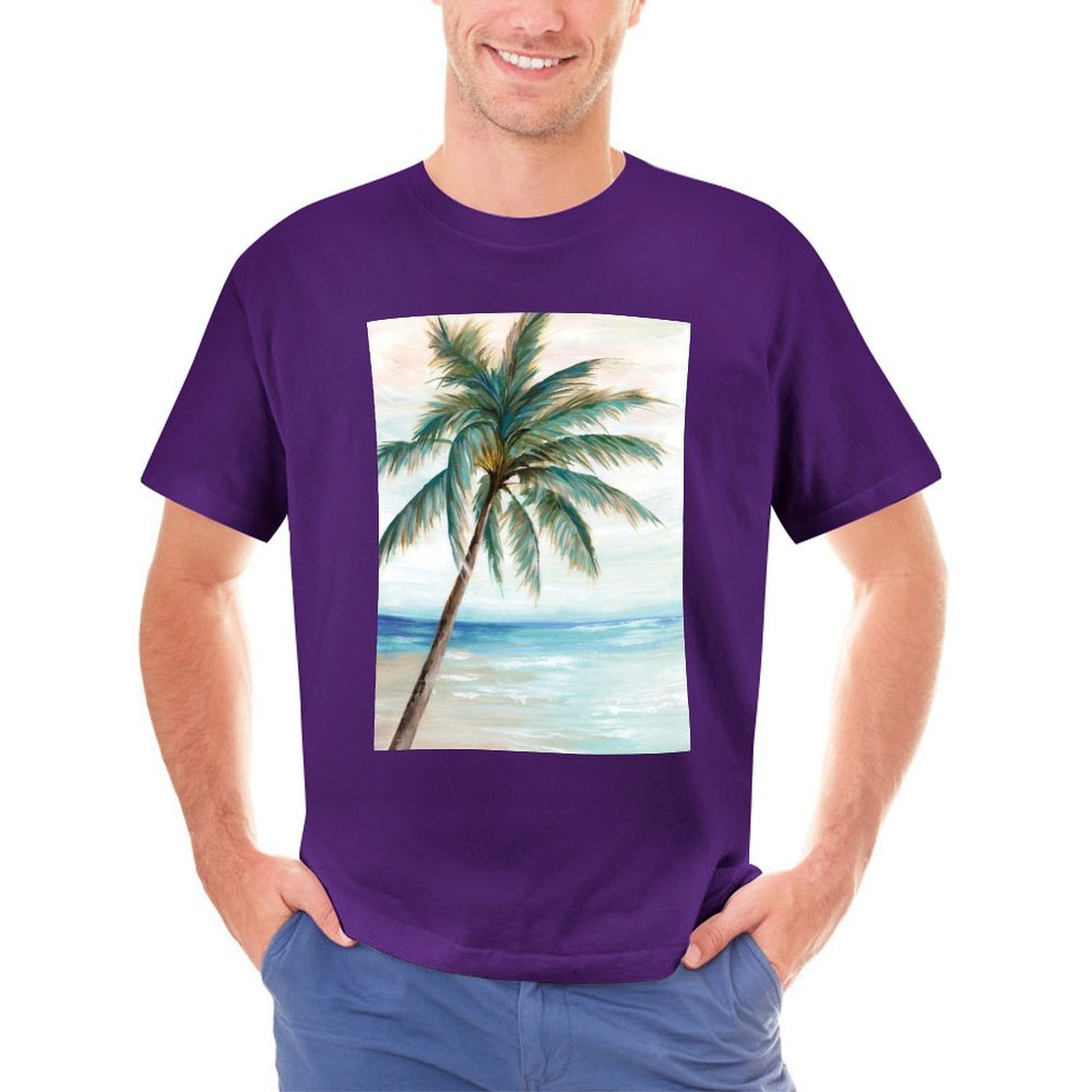 Men's purple crew neck t-shirt with palm tree graphic print, comfortable for casual wear.