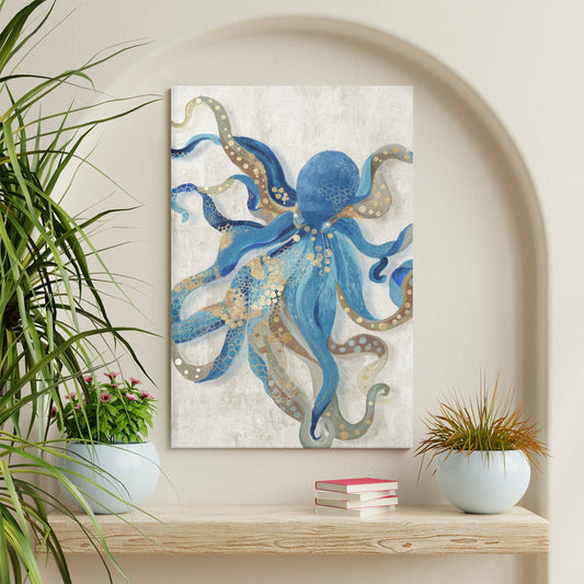 Octopus Modern Wall Art Canvas Print, blue and gold art for living room home decor