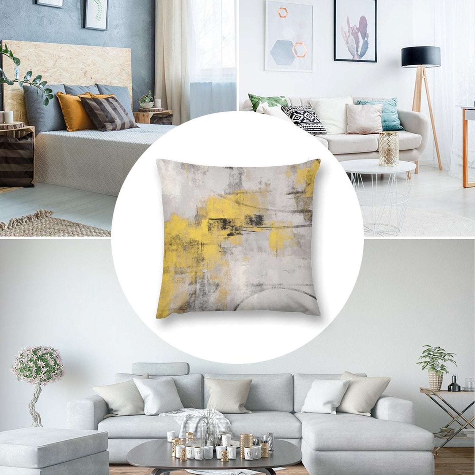 Abstract art throw pillow cover in yellow, gray, and black, soft plush for sofa, couch, living room decoration
