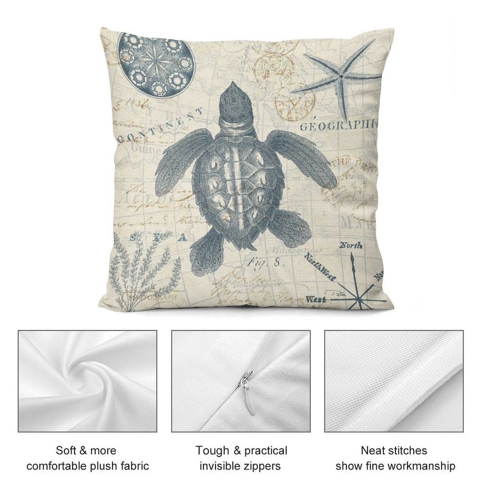 Soft plush pillow cover with vintage turtle map design, comfortable fabric, and invisible zipper for sofa or living room.
