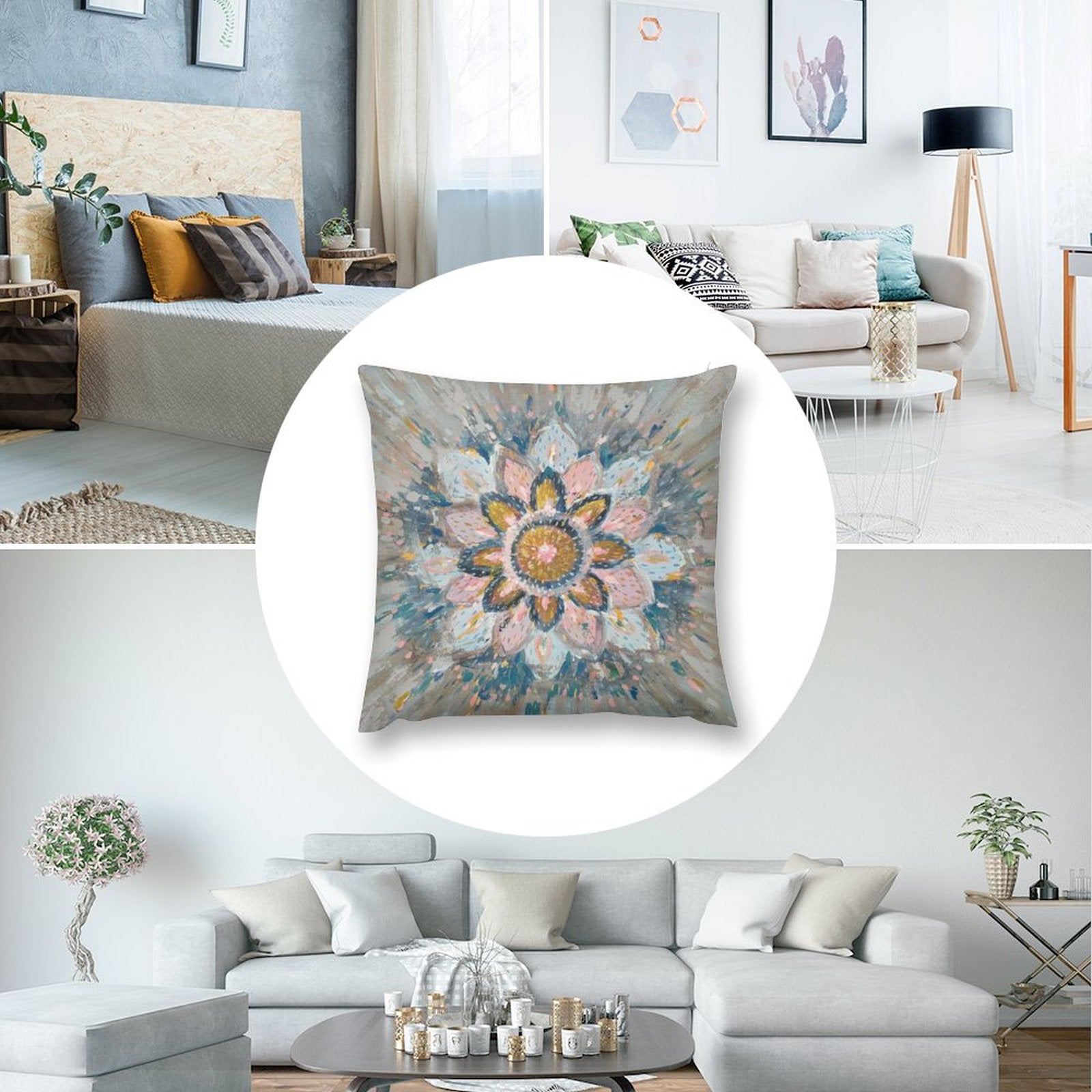 Abstract floral plush pillow cover for sofa, couch, or living room, soft, fluffy, decorative. Artistic home decor.