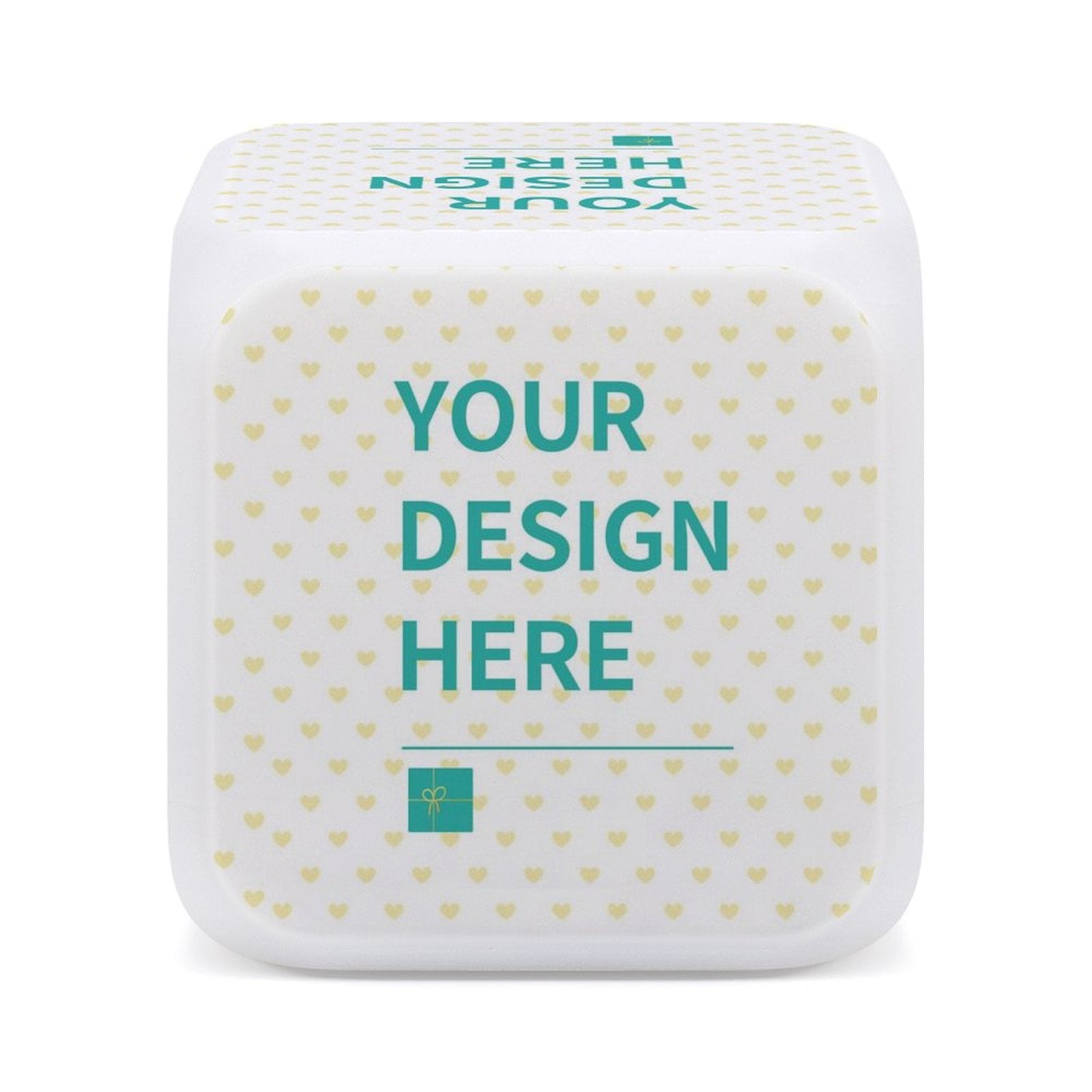 Customizable digital alarm clock for bedroom, featuring 'YOUR DESIGN HERE' on white cube. Ideal gift, child-friendly design.