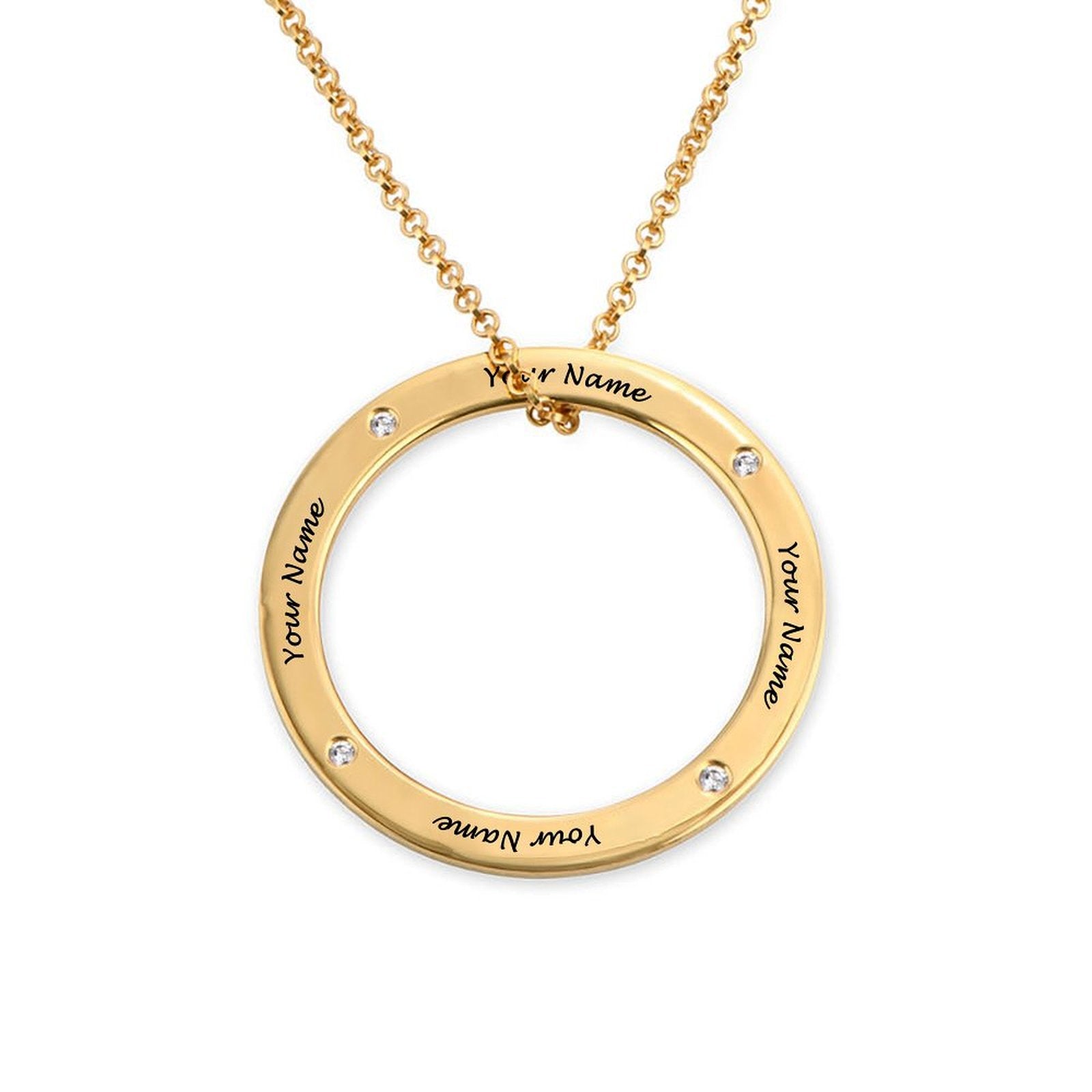 Gold circle pendant necklace with engraved names, a personalized jewelry gift.