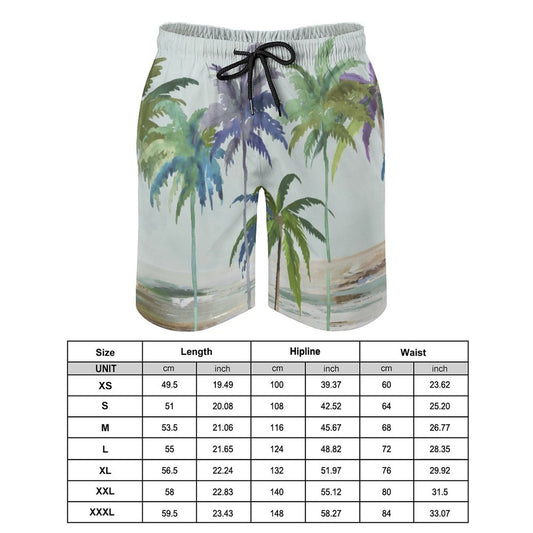 Men's Hawaiian swim trunks with palm tree print, quick-dry beach shorts for boyfriend. Includes size chart.