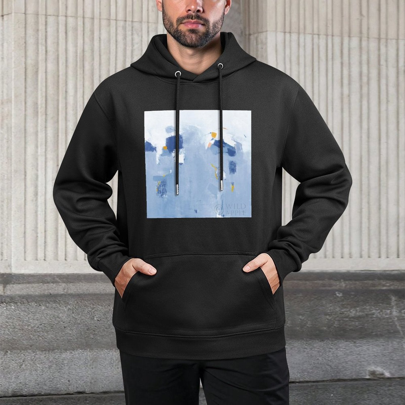 Men's black hoodie sweatshirt with abstract art design; comfortable, USA made, featuring 'WILD APPLE' art.