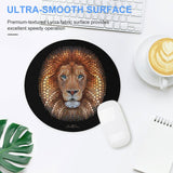 Round mousepad with mosaic lion art. Non-slip, Lycra fabric, for office and home use. Compatible with desktops and laptops