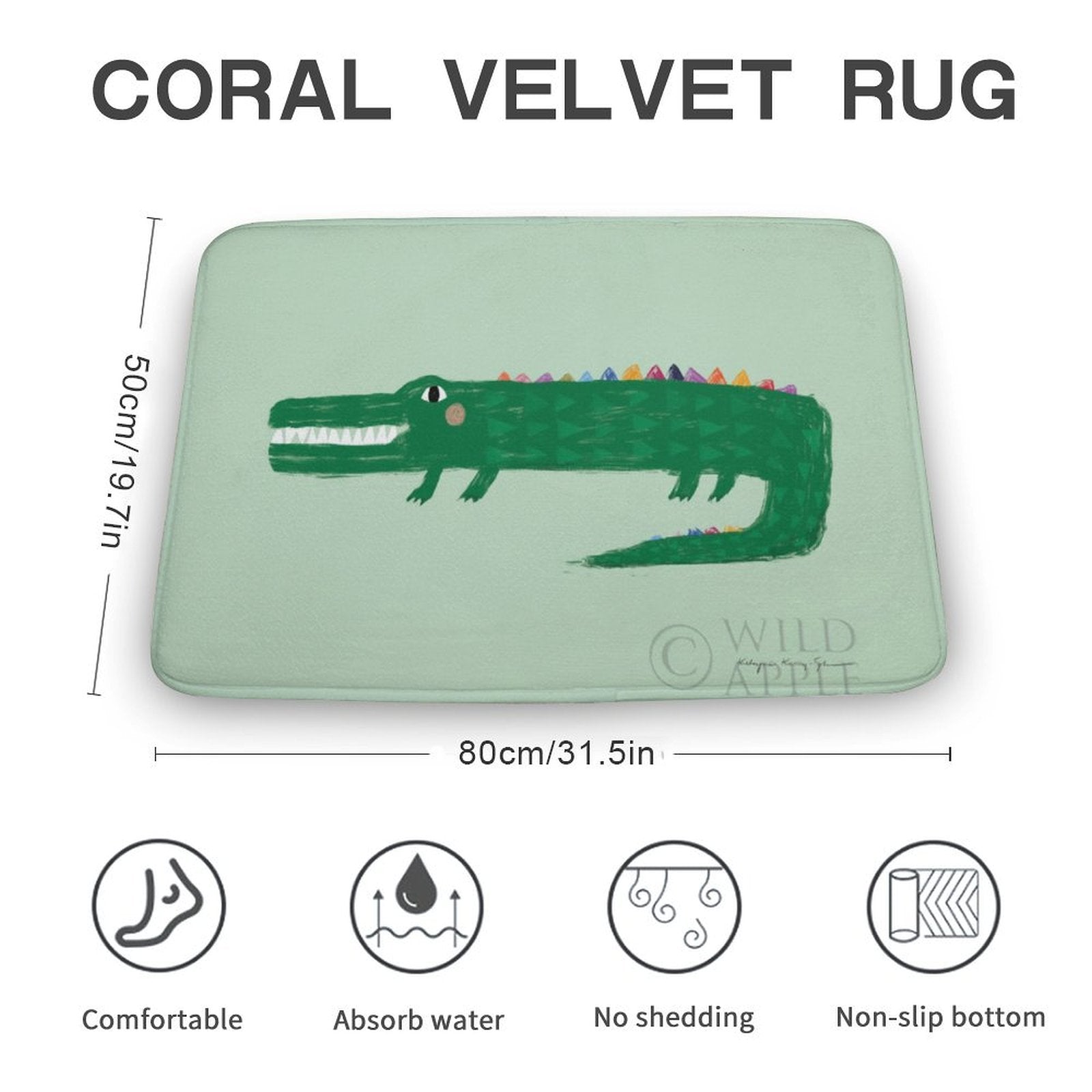 Coral velvet bath rug with crocodile design, non-slip, absorbent, and comfortable for bathroom or kitchen.