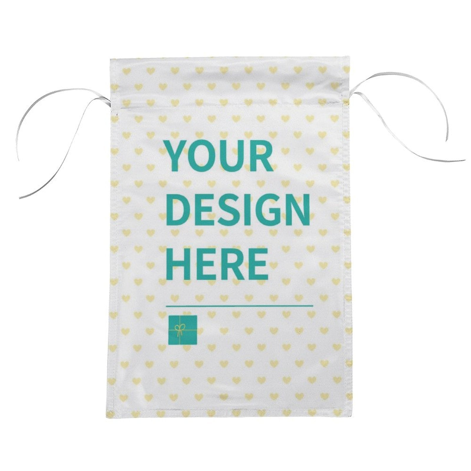 Customizable polyester garden flag with "YOUR DESIGN HERE" text, heart pattern, and gift icon; MyArtsyGift
