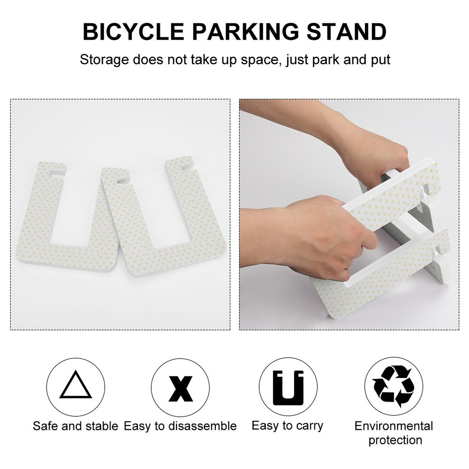 White PVC balance bike parking stand, easy assembly and storage, eco-friendly design, heart pattern for kids.