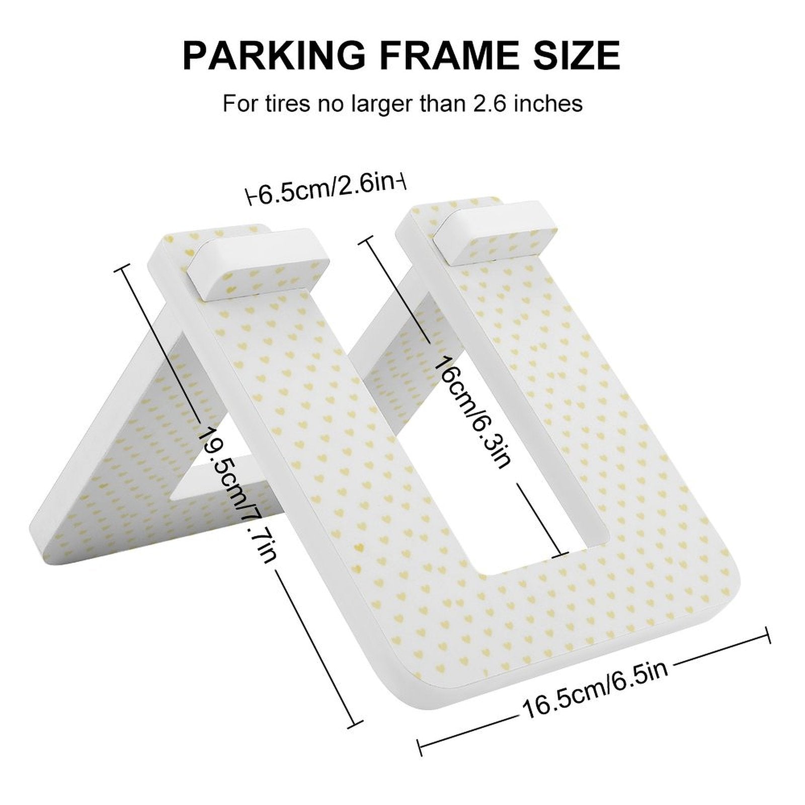 PVC balance bike parking rack stand dimensions, white with heart pattern, for tires up to 2.6 inches.