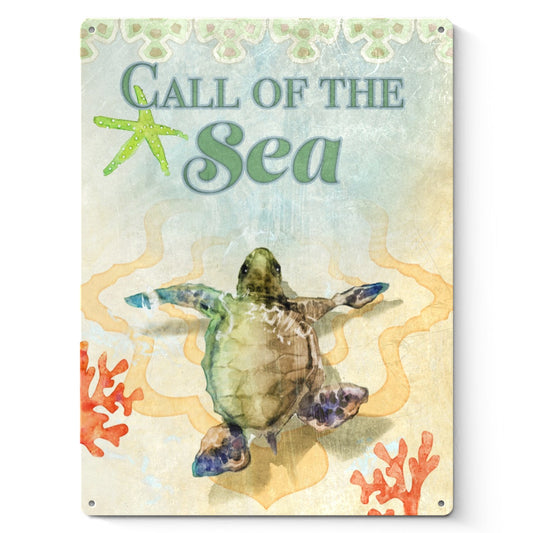 Personalized Metal Sign: Call of the Sea with sea turtle, starfish, and coral design.