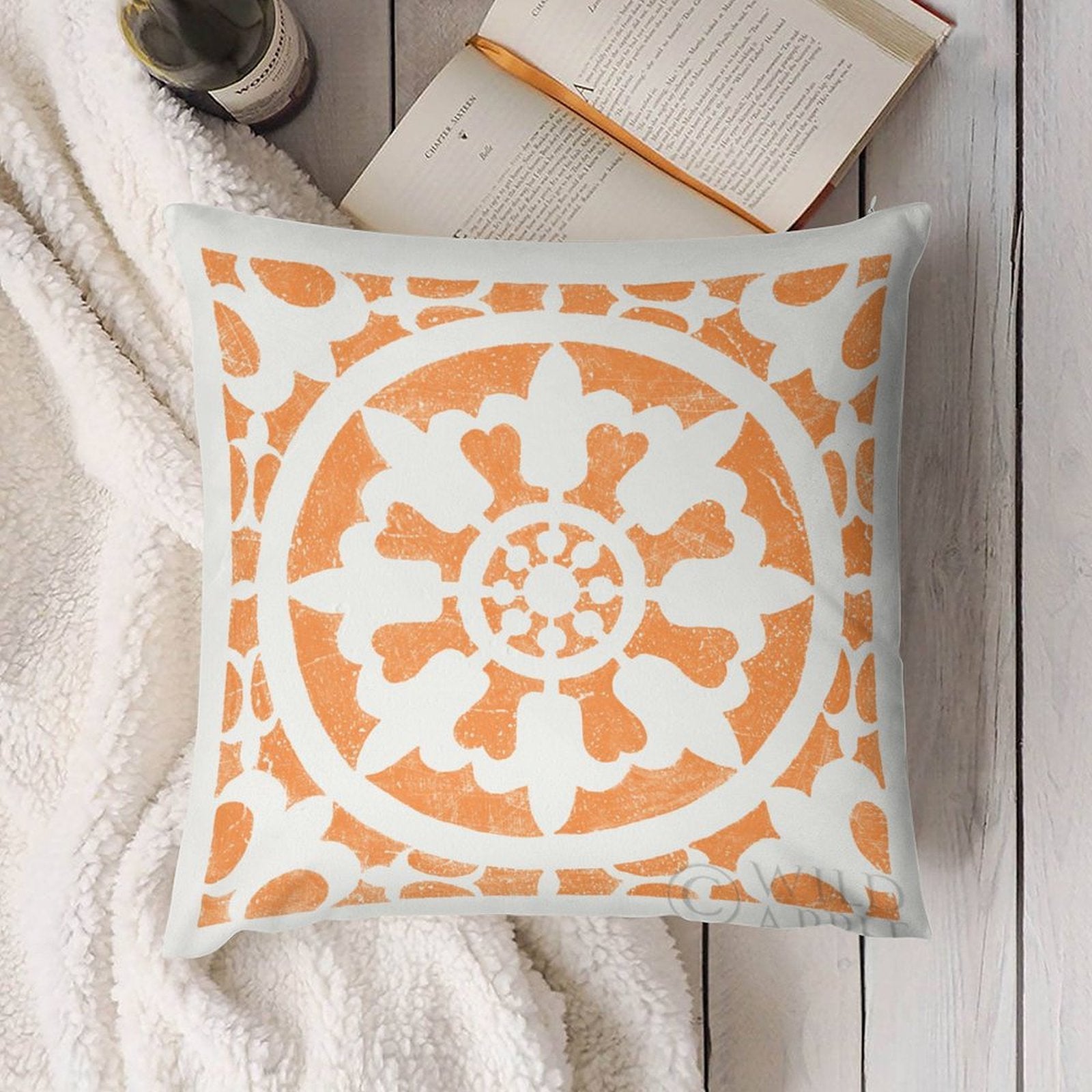 Orange and white floral mandala plush throw pillow cover, soft and decorative for sofa or couch, luxury design.