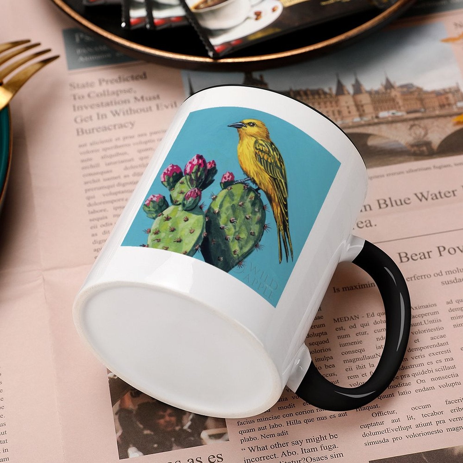 Personalized white ceramic mug with yellow bird and cactus design, black handle, MyArtsyGift product