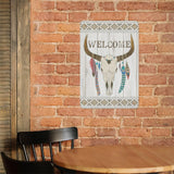 Bohemian WELCOME metal tin sign with bull skull design, personalized home decor, vertical iron painting, made in USA.