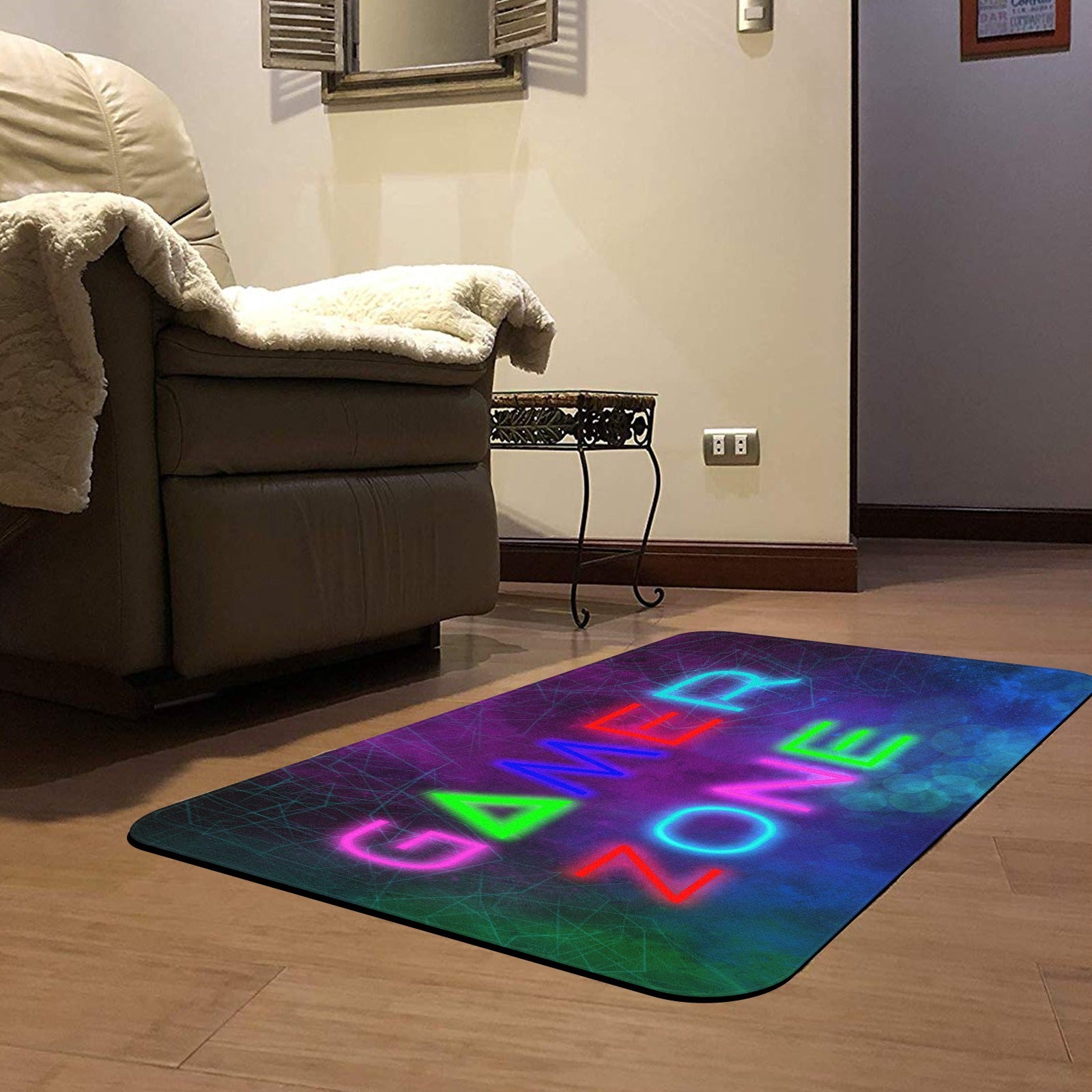 Gamer Zone rubber doormat with neon sign for game room entrance, indoor or outdoor use