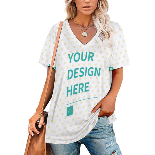 Customizable women's V-neck t-shirt with heart pattern and personalized design option, white tee, casual wear.