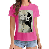 Pink graphic tee featuring art print of a woman with star headphones design. MyArtsyGift product.