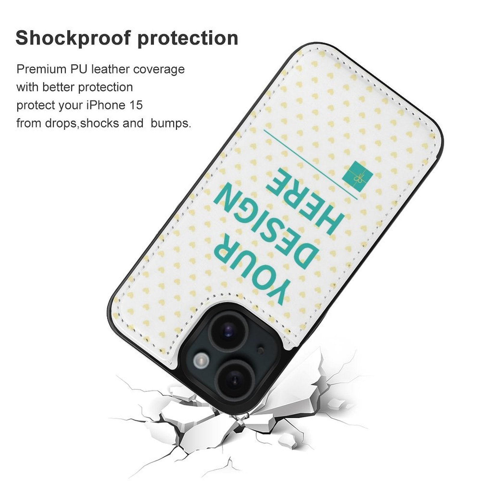 Personalized iPhone 15 case with PU leather, shockproof protection, custom design, and card slot