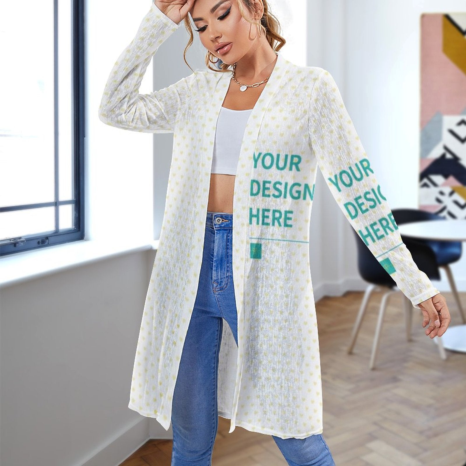 Custom white open front cardigan with heart pattern, featuring 'YOUR DESIGN HERE', long sleeve outerwear