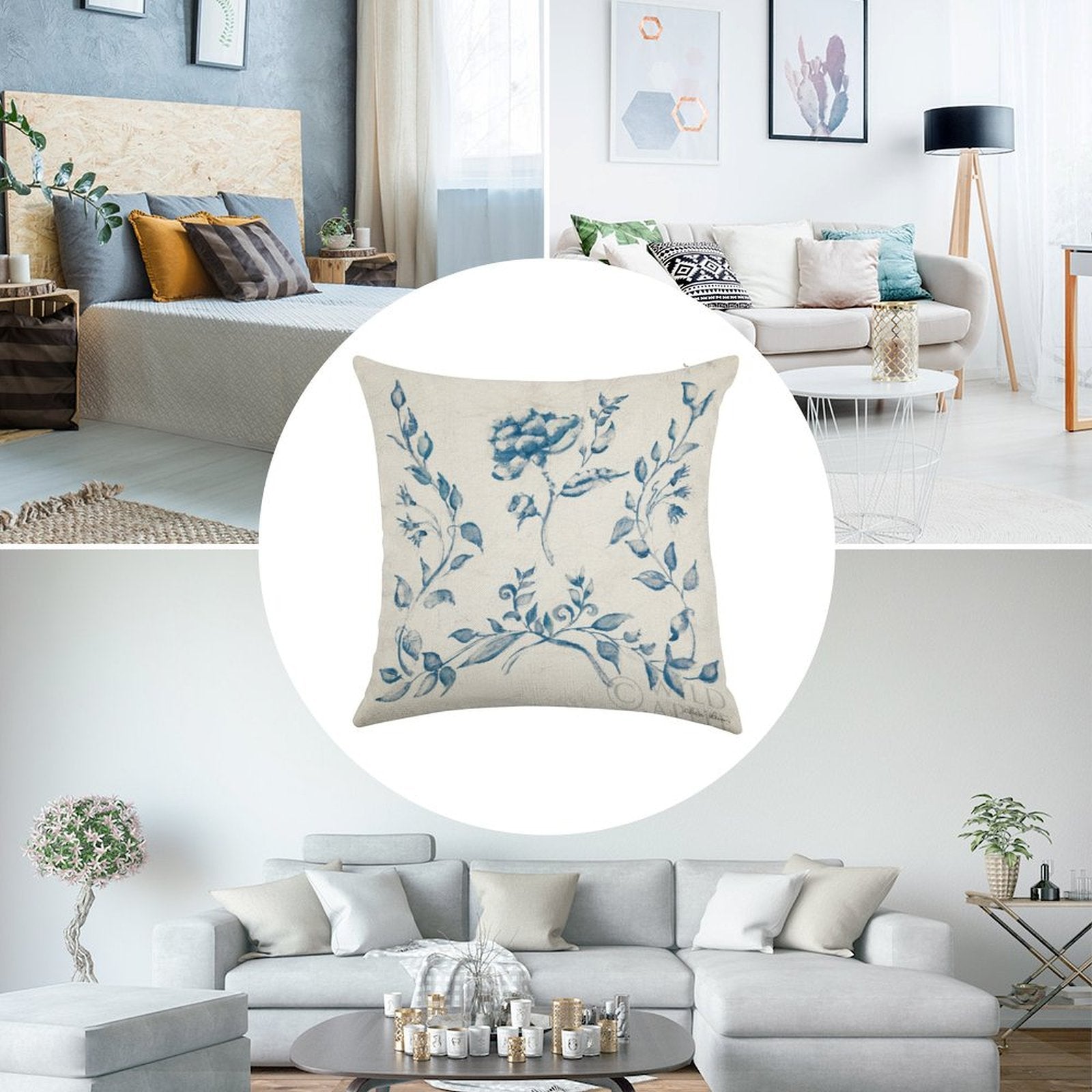 MyArtsyGift Linen throw pillow case set of 2, blue floral Swedish tile design for living room decor